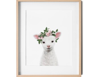 Lamb Print with Flower Crown, Baby Lamb Print, Lamb Nursery Print,  Modern Nursery Decor, Baby Shower Gift