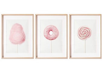 Set of 3 Prints, Nursery art, Nursery wall decor, Wall print, Pink decor, Cotton Candy Print, Lollipop, Donut,Kids room decor,Girls room art