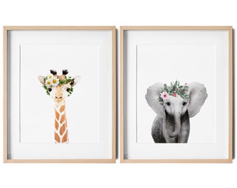 Flower Crown Safari Nursery Prints - Set of 2 - Nursery Wall Decor for Grils Room