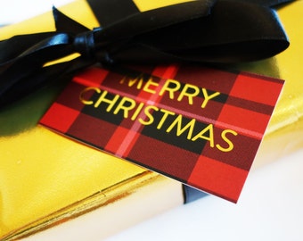 Single Traditional Merry Christmas Gold Foil Red Tartan Gift Tags