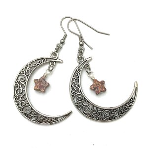 Brecciated Poppy Jasper Star & Moon Earrings ~ Celestial Moon Child Stone Boho Hippie Dangle ~ Surgical Steel Hooks ~ Belfrystudios