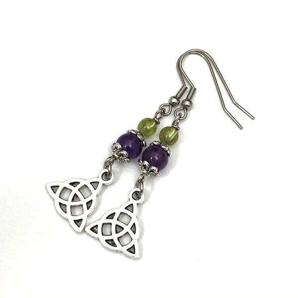 Celtic Knot Amethyst & Peridot Triquetra Stone Earrings ~ August and February Birthday Birthstone ~ Surgical Steel Hooks ~ Belfrystudios