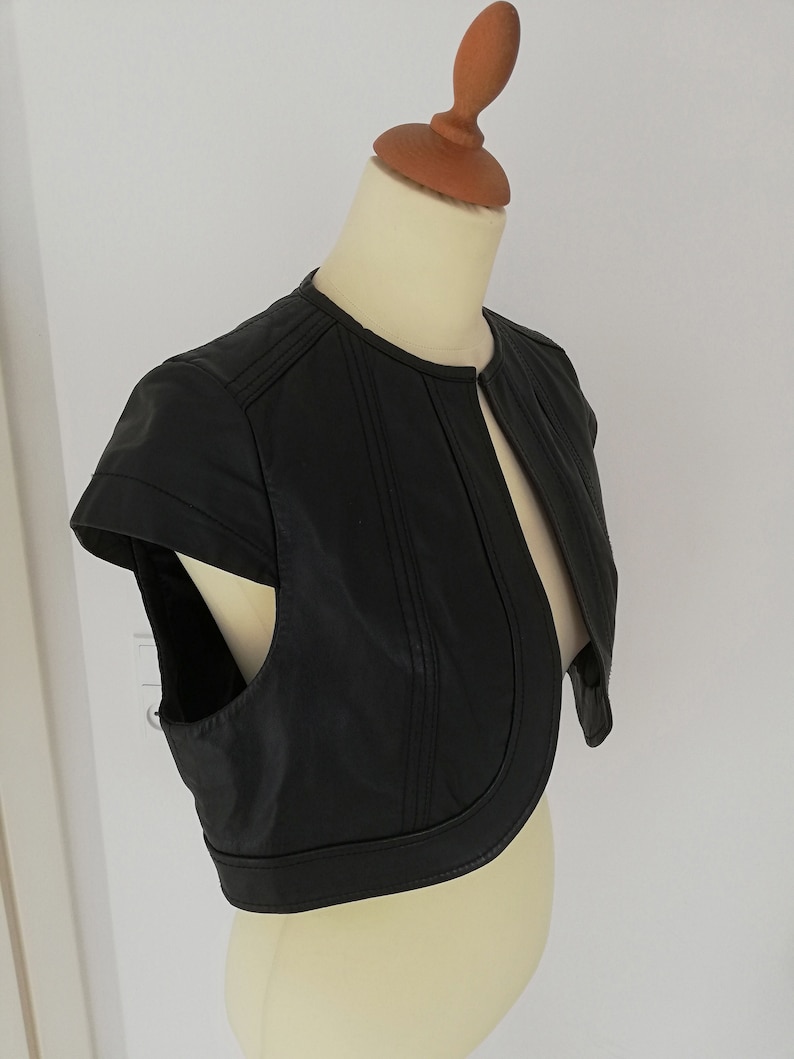 90s Vintage Boho bolero Cropped jacket Black Leather Short shrug