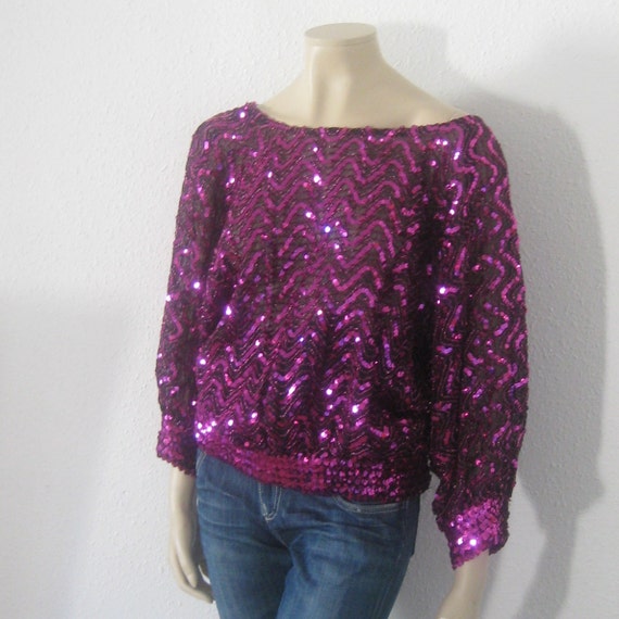 Vintage 80s top//SEQUIN Studio 54 Purple Disco Gla