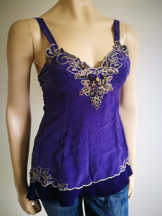 Vintage 90s pure silk top Fitted purple Beaded Sil