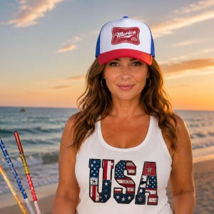 Könnte beinhalten: Eine weiße, rote und blaue Trucker-Mütze mit dem Text "Merica 1776" wird mit einem weißen Tanktop mit "USA" in einem Flaggen-Design getragen. Der Hintergrund ist ein Strand bei Sonnenuntergang.
