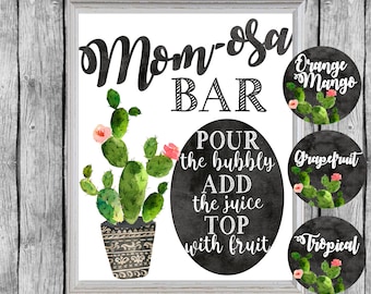 Juice Drink Tags 5x7 P10 Mom-osa Bar sign and Juice Tags 8x10 Greenery Printable White Floral Shower Labels for Bubbly Champagne Bar