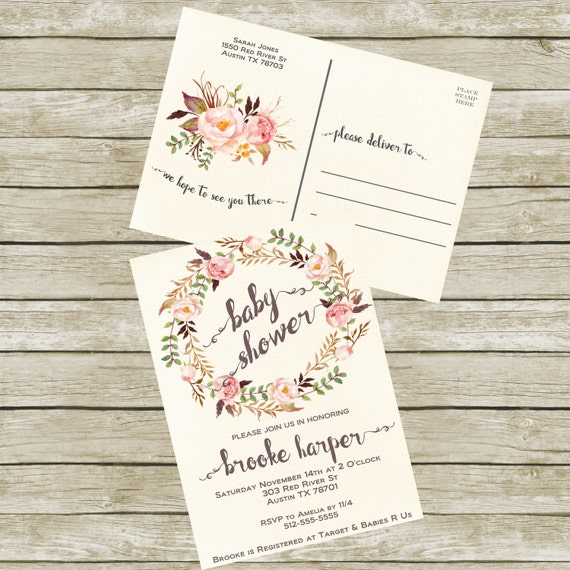 baby shower invitation postcard printable baby shower invitation boho baby shower invitation girl baby shower postcard baby postcard