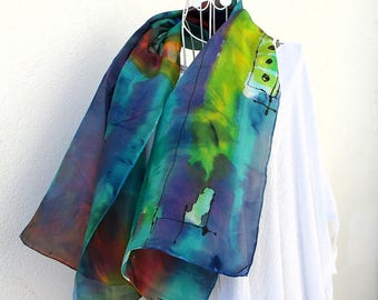 Silk scarf painted by hand, hand painted silk scarf from France, contemporary style "East wind"