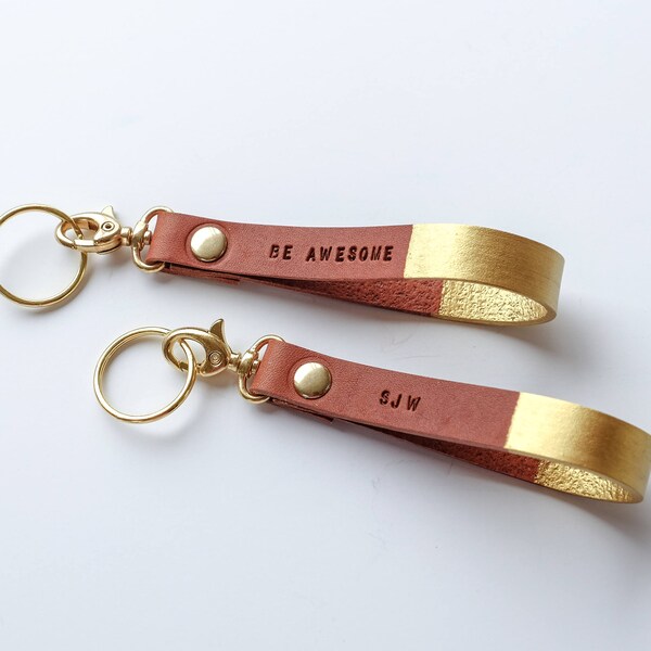 Gold Custom Leather Keychain - Personalized Gold  Gift - Brown Gold  Key Fob Lanyard - Monogram Leather Keychain, Be Awesome Mantra