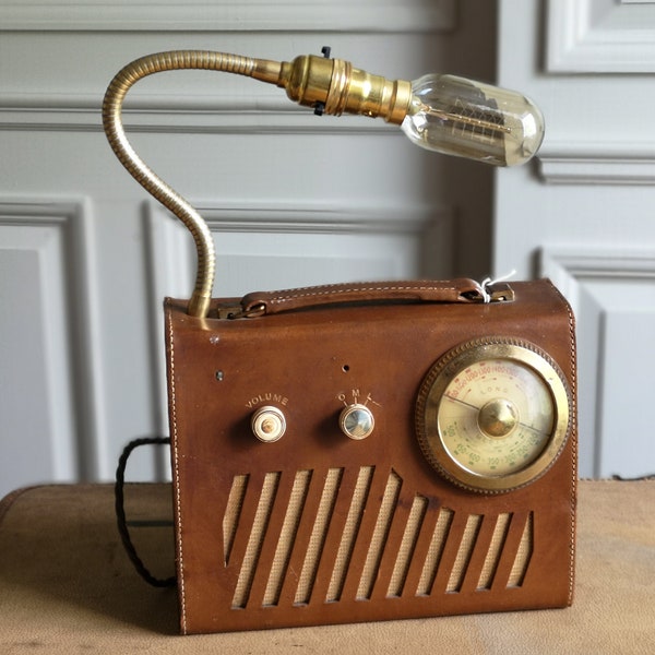 Upcycled, vintage transistor radio lamp. Brown leather. Retro 1950s.