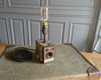 Upcycled, vintage box brownie camera. Unique lamp. Retro 1940s.
