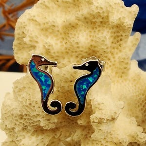 Sea horse stud earrings, Sea horse opal earrings, Sea horse silver jewelry, Kids jewelry, Teenager gift, Greek opal, Sea animal jewelry