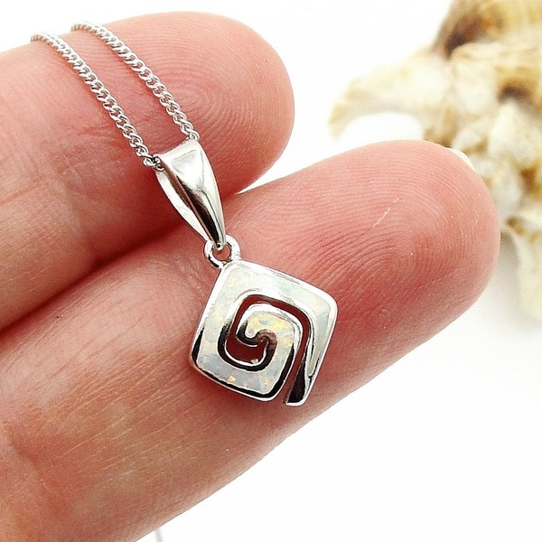 White Opal squared Spiral Pendant ,Sterling Silver Charm, Greek  Jewellery, griechischen schmuck, collana opale Greco, bijoux grec opal