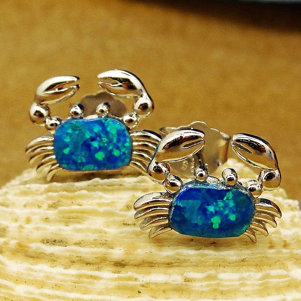 Blue opal crabs silver 925 stud earrings, Greek jewelry, griechischer Schmuck, Krabbe Ohrringe, Bijoux grec, boucles d'oreilles crabe,