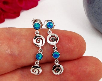 Blue Fire Opal Long Spiral Earrings, Handmade Greek Silver Jewelry
