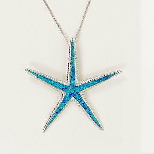 May include: A silver chain necklace with a blue opal starfish pendant.