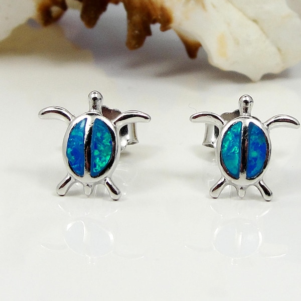 Blue fire Opal Turtle extra small stud earrings, Silver 925, Greek jewelry, boucles d'oreilles tortue, Bijoux Grec, Schildkröte Ohrringe