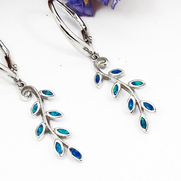 Blue Opal Olive Tree Leaf Greek Earrings, Greek Jewelry Silver Blau opal Olivenzweig Feuille d'olivier, bridesmaid jewelry