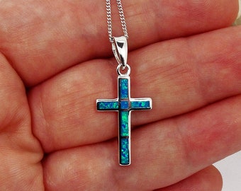 Cross pendant Blue opal, Sterling Silver 925, Greek Jewelry, Pendentif croix bleue opale, Bijoux Grec, Gioielli  Greco, Kreuz, kruis opaal