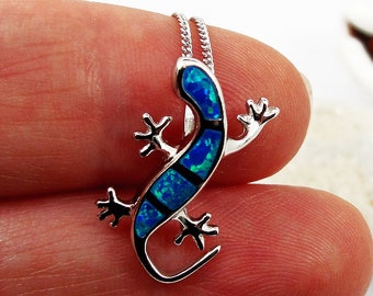 Blue Opal Gecko Pendant: Sterling Silver Lizard Jewelry