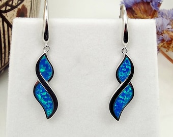Blauer Feueropal Lange Ohrringe, Handgemachter Griechischer Silberschmuck