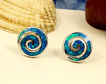 Blue Opal Round Spiral Stud Earrings, 925 Silver Greek Jewelry | Blaue Opal Runde Spirale Ohrstecker