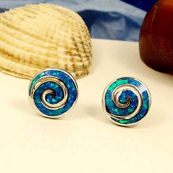 Pendientes redondos en espiral de ópalo azul, joyería griega de plata 925 / Blaue Opal Runde Spirale Ohrstecker