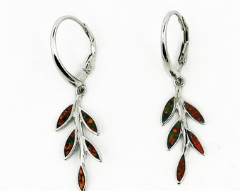 Black Opal Olive Tree Branch Leaf Earrings, Greek Jewelry, Silver 925, Schwarz opal Olivenzweig, Olivenblatt, Branche Feuille d'olivier