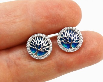 Blue Opal Tree of Life Stud Earrings with Cubic Zirconia, 925 Silver | Blaue Opal Lebensbaum Ohrstecker mit Zirkonia