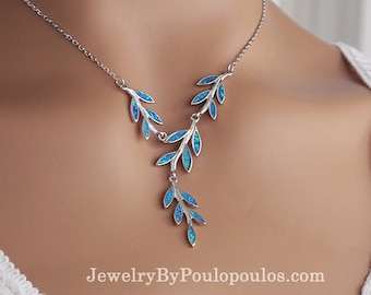 Opal Olive Tree Branch Leaf Necklace, Greek Jewelry from Greece, Sterling Silver, Blau opal Olivenzweig, Olivenblatt, Feuille d'olivier