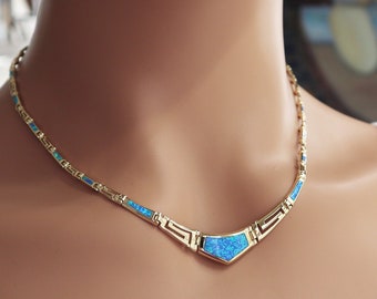 Blue opal gold plated necklace, Meander opal silver necklace, Meander Greek necklace, Greek jewelry from Greece, Eternity Greek key