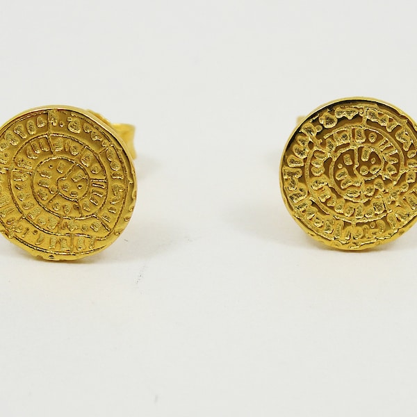 Golden Tiny Phaistos disc stud earrings, Sterling silver & 18k gold plated, Greek Jewelry, Bijoux Grec, Gioielli Greco,