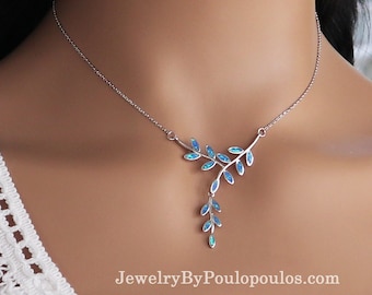 Blue Opal Olive Branch Necklace - Greek Inspired Jewelry for Her, Anniversary & Christmas Gift, Greek Jewelry from Greece