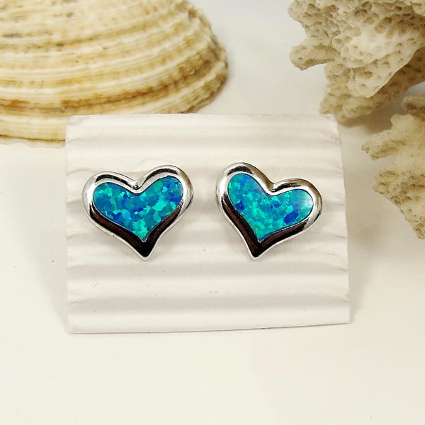 Opal heart stud earrings handmade with sterling silver Birthday gift for kids teenagers girlfriend Easter day Mother's day St Patrick's day