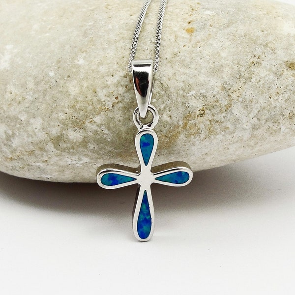 Cross pendant Blue opal, Sterling Silver 925, Greek Jewelry, Pendentif croix bleue opale, Bijoux Grec, Gioielli  Greco, Kreuz, kruis opaal