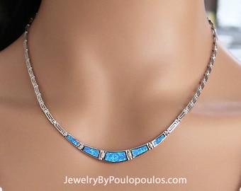 Blue opal silver necklace/ Meander opal necklace/ Meander silver necklace/ Silver opal necklace/ greek jewelry/ Greek opal/ Ancient Greek