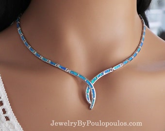 Greek Blue Opal Necklace, Genuine Sterling Silver 925, Traditional Ancient Greek Design, Simple silver necklace,  Greek jewelry from Greece