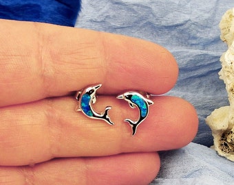 Blue Opal Silver Dolphins Studs, Greek Dolphin Earrings, Greek Jewelry, Gift for kids, girls, mom, girlfriend, mother's day,