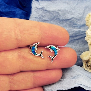 Blue Fire Opal Dolphin Stud Earrings, Handmade Greek Silver Jewelry