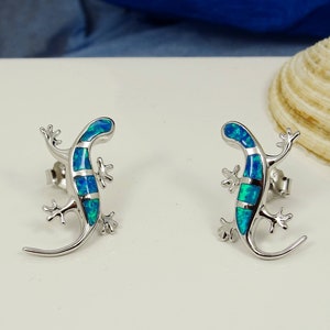 Silber Ohrringe Gecko Eidechsen Salamandras blau opal, Geschenk für Geburtstag, Teenager, Freundin, Ostertag, St Patricks Tag,