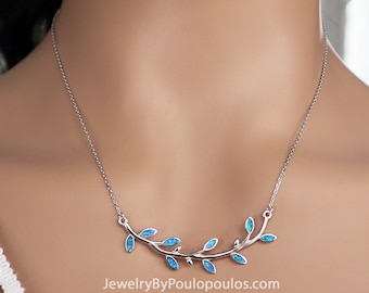 Silver necklace, Blue Opal Olive Tree Branch Leaf, Unique Beautiful gift for her, mom, wife, anniversary, Graduation, ancient greek jewelry