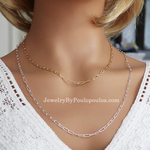 Rectangle Sterling silver chain, Rectangle link chain necklace,  Paperclip Necklace, 18k gold plated, 18k white gold plated