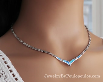 Blue opal silver necklace, V shaped silver Greek necklace, Meander necklace, Greek key necklace, greek jewelry