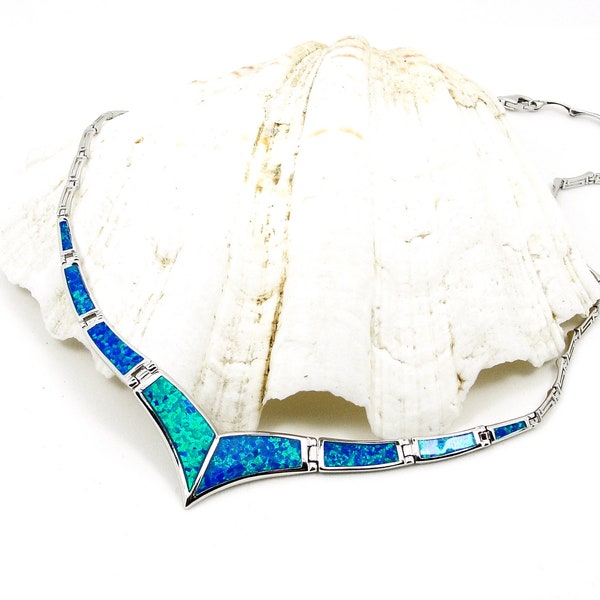 Griechischer Schmuck aus Griechenland, griechische Schlüsselmäander-Halskette, Sterling Silber 925, blaue Opal-V-Form-Halskette, Geschenk für sie, griechischer Schmuck