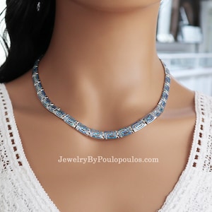 Greek Meander opal Silver necklace,  greek jewelry, Greek Blue opal, Ancient Greek, Handmade Eternity Key,