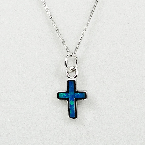 Pendentif petite croix en opale de feu bleue, Argent 925, Bijoux grecs, Pendentif croix bleue opale, Bijoux Grec, Gioielli Greco, Kreuz, kruis opaal