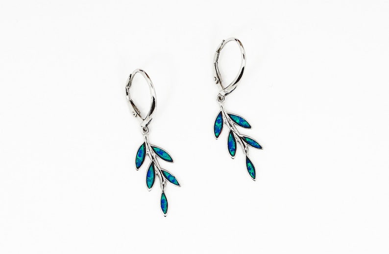Handmade Greek jewelry earrings in 925 sterling silver, featuring a dangling blue opal leaf design with a leverback closure.