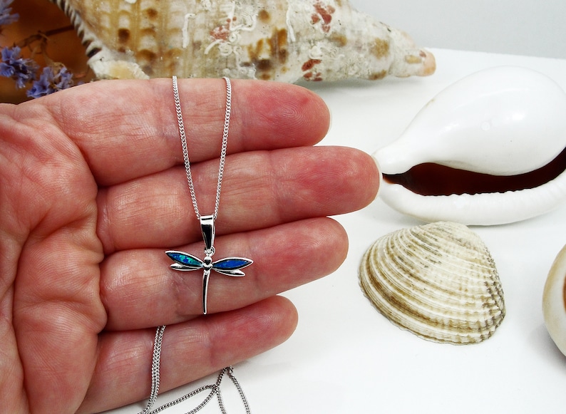 Puede incluir: Un collar de plata con un colgante de lib&eacute;lula con detalles de &oacute;palo azul. La lib&eacute;lula es un s&iacute;mbolo popular de transformaci&oacute;n y cambio.