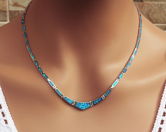 Grekiskt blått opalhalsband, äkta sterlingsilver 925, traditionell antik grekisk design, enkelt silverhalsband, grekiska smycken från Grekland